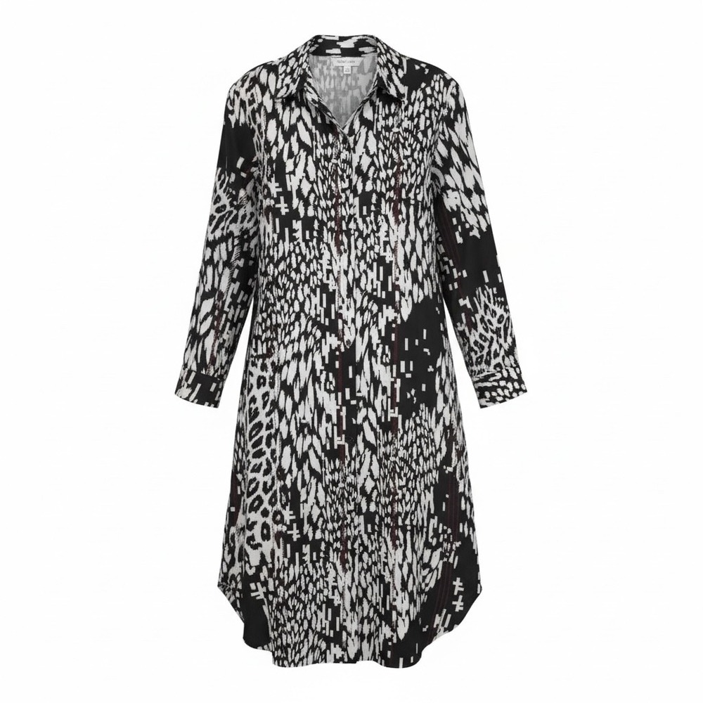 Chico's Abstract Animal Print Midi Shirt Dress Black White Tomato Red Size 2 NEW